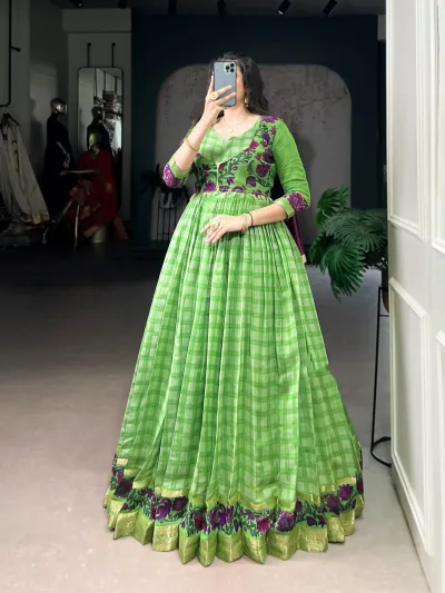 Elegant Printed Koti with Chanderi Style Flared Gown